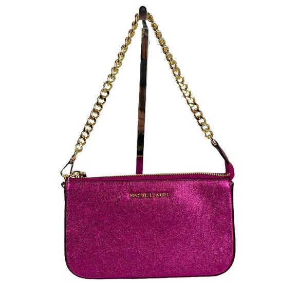 Michael Kors Jet Set Travel Metallic Hot Pink Gold Chain Pochette Bag Purse - Picture 2 of 16